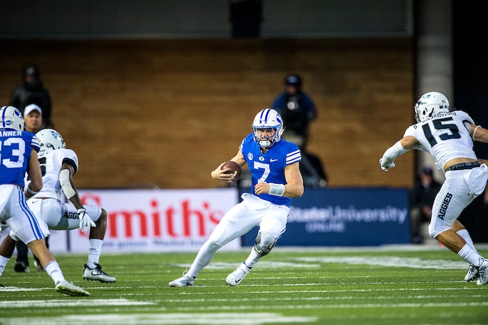 (Chris Detrick  |  The Salt Lake Tribune)  Brigham Young Cougars quarterback Beau Hoge (7) runs the ball during the game at Merlin Olsen Field at Maverik Stadium Friday, September 29, 2017.