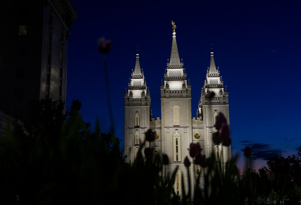 (Bethany Baker  |  The Salt Lake Tribune) Lights illuminate the Salt Lake Temple in Salt Lake City on Wednesday, April 29, 2026.
