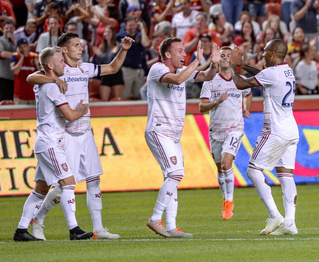 (Leah Hogsten  |  The Salt Lake Tribune) Real Salt Lake celebrates Real Salt Lake midfielder Damir KreilachÕs (8) goal. Real Salt Lake defeated Philadephia Union 4-0 in MLS Soccer at Rio Tinto Stadium in Sandy, Utah on Sat, July 13, 2019.