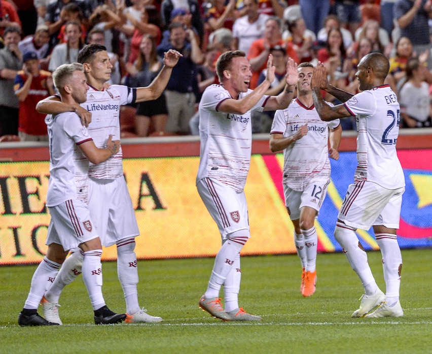 (Leah Hogsten  |  The Salt Lake Tribune) Real Salt Lake celebrates Real Salt Lake midfielder Damir KreilachÕs (8) goal. Real Salt Lake defeated Philadephia Union 4-0 in MLS Soccer at Rio Tinto Stadium in Sandy, Utah on Sat, July 13, 2019.