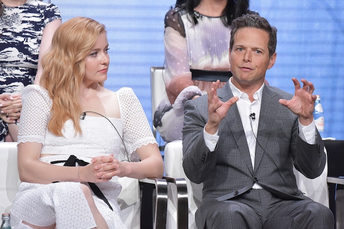 Kennedy McMann, left, and Scott Wolf participate in The CW "Nancy Drew" panel during the Summer 2019 Television Critics Association Press Tour at the Beverly Hilton Hotel on Sunday, Aug. 4, 2019, in Beverly Hills, Calif. (Photo by Richard Shotwell/Invision/AP)
