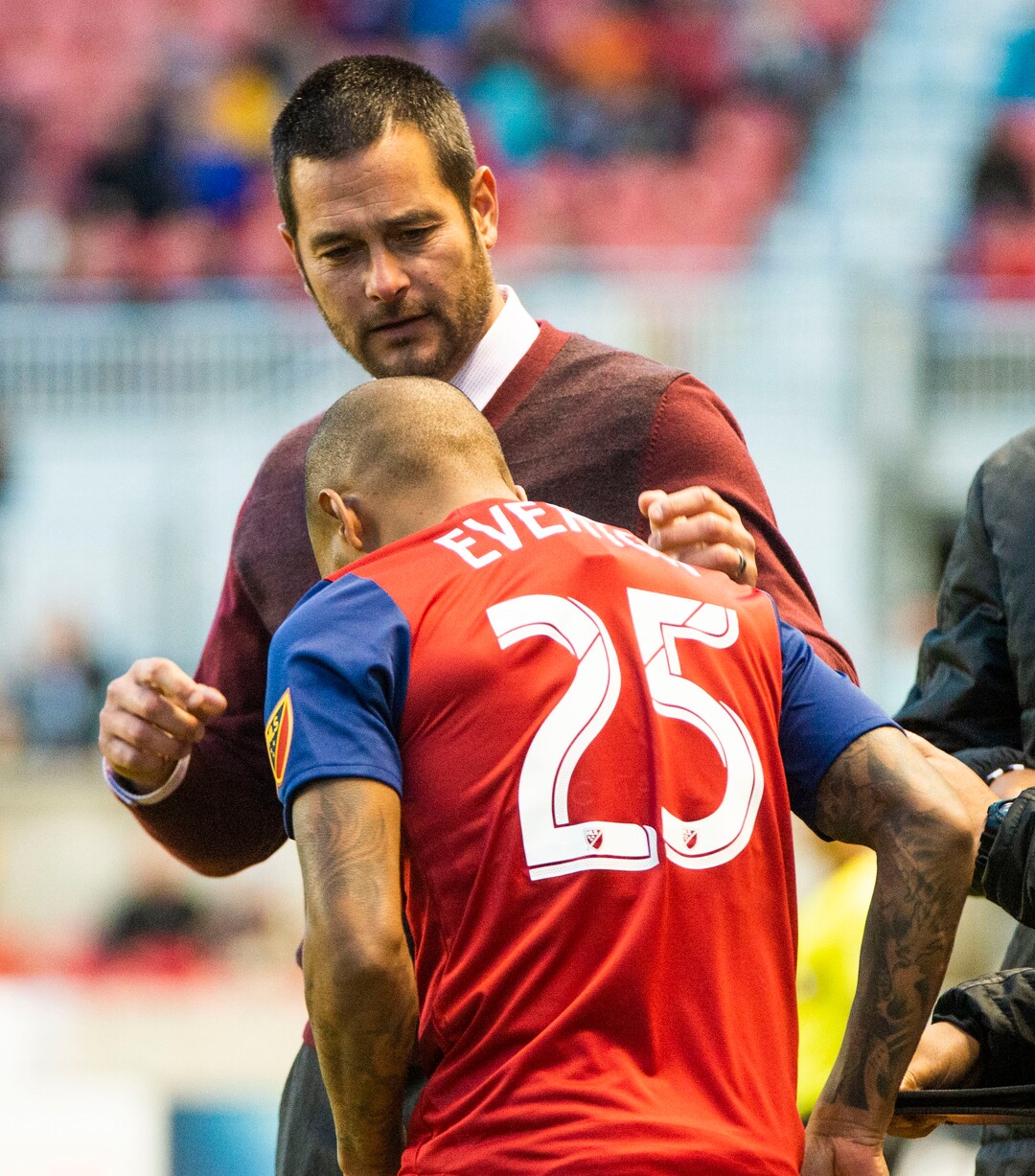 (Rick Egan  |  The Salt Lake Tribune).  Real Salt Lake head coach Mike Petke talks to Real Salt Lake midfielder Everton Luiz (25) before sending him into the game, in MLS soccer action between Real Salt Lake and Atlanta United at Rio Tinto Stadium in Sandy, Friday, May 24, 2019.