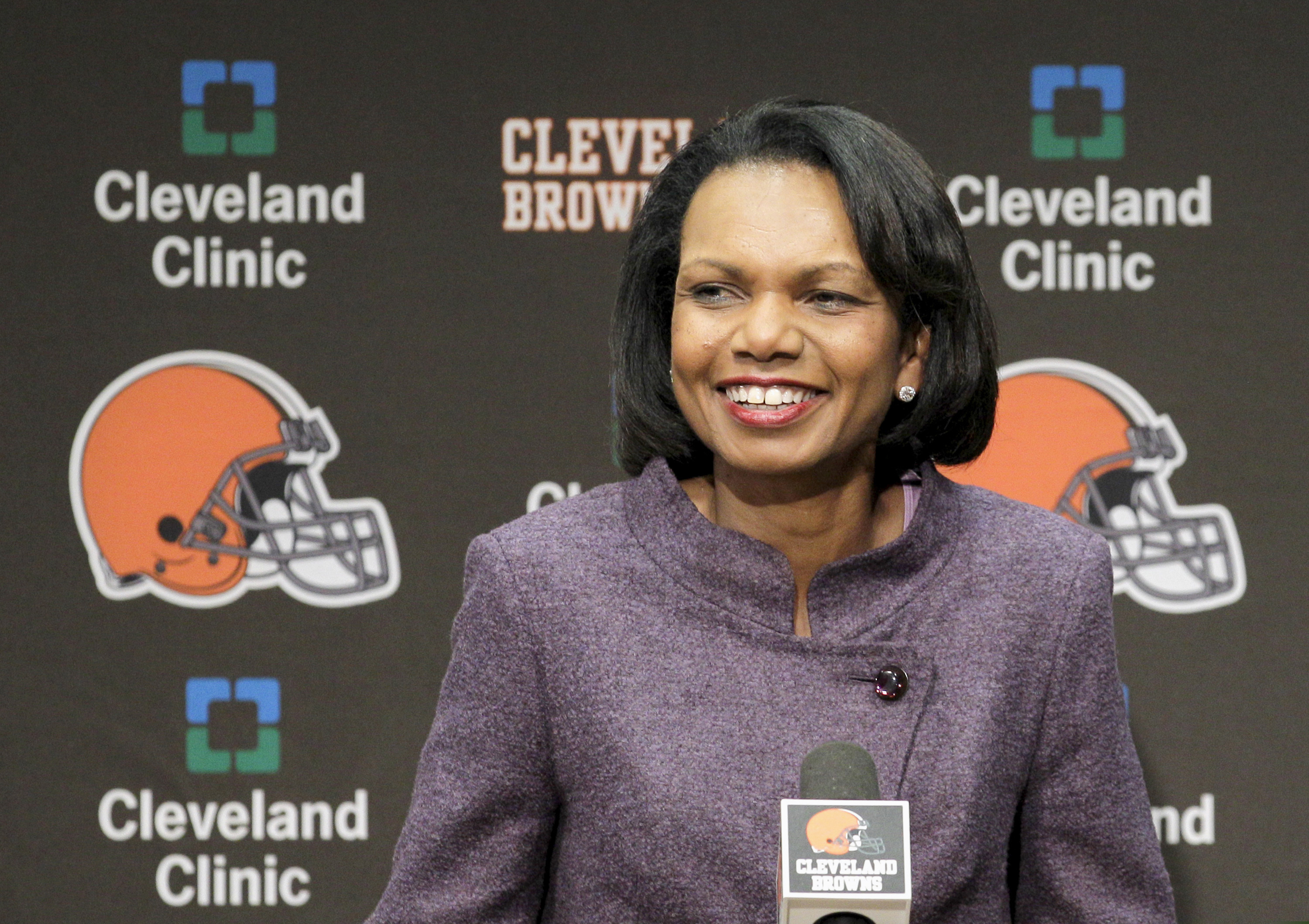 (Amy Sancetta | AP file photo)  Former Secretary of State Condoleezza Rice talks with the media after visiting with the Cleveland Browns coaches and players at the Browns training facility in Berea, Ohio, on Oct. 21, 2010.