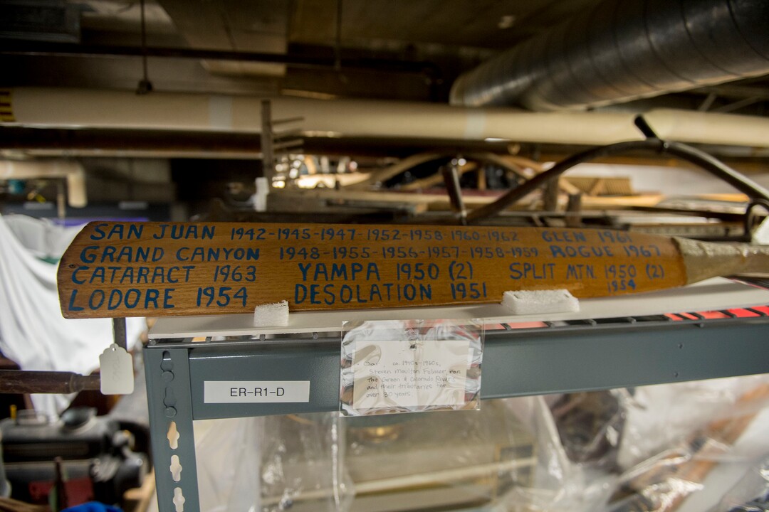 (Jeremy Harmon  |  The Salt Lake Tribune) This oar belonged to Steven Moulton Fulmer and he used it on river trips from the 1940s through the 1960s. It is currently kept in the basement of the Rio Grande Depot, home of the Utah state historical offices.