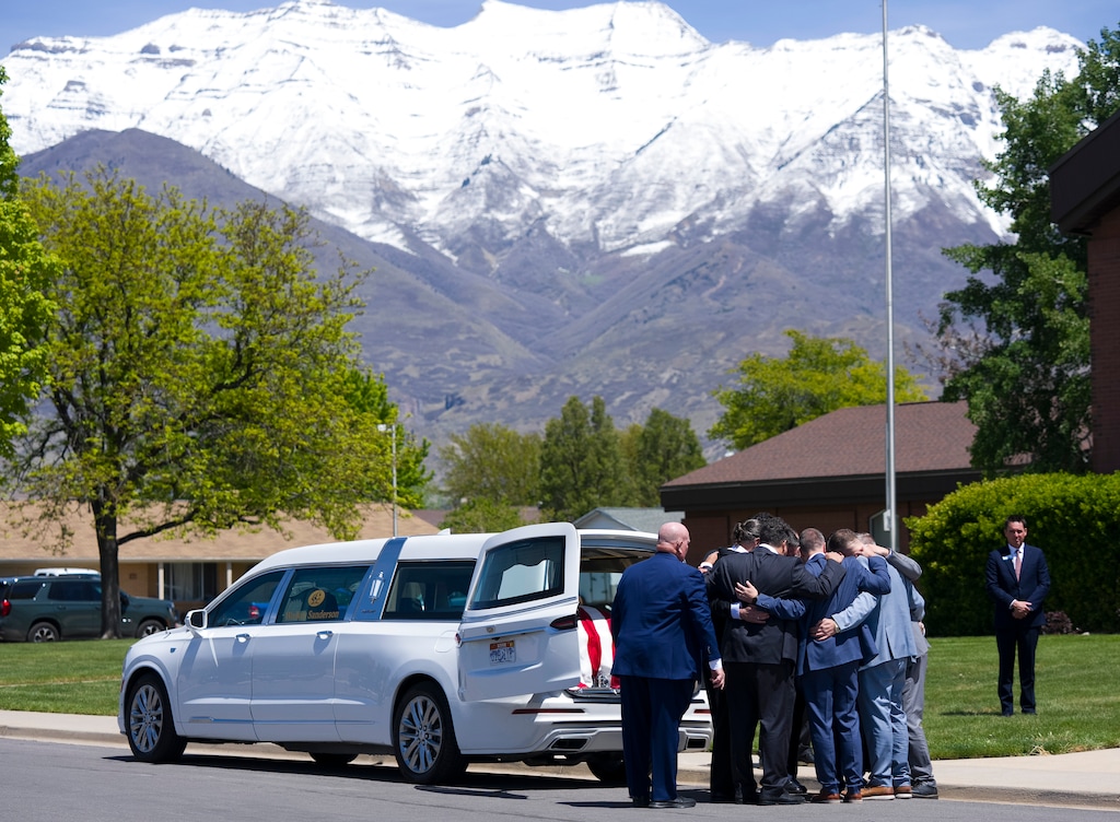 (Bethany Baker  |  The Salt Lake Tribune) The eight sons of Alan Osmond, who served as pallbearers, gather together after loading the hearse during Alan's funeral services in Orem on Saturday, May 2, 2026.