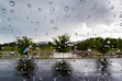 (Francisco Kjolseth | The Salt Lake Tribune) A cyclists rides in the rain in Sugar House Park on Saturday, Aug. 22, 2026.