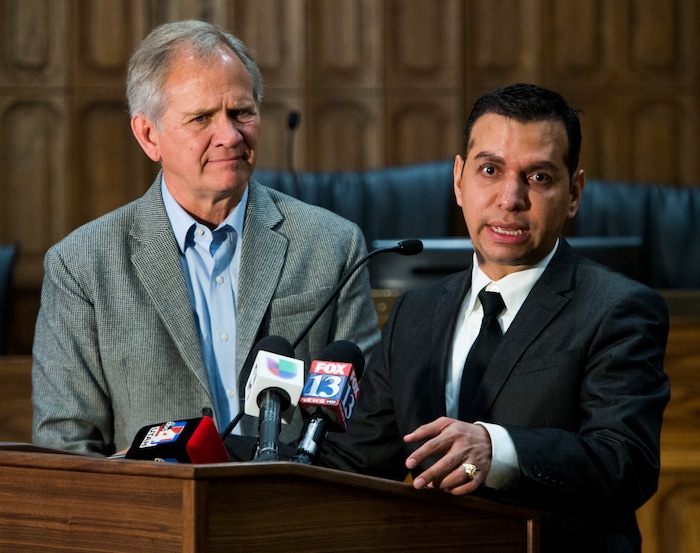 (Rick Egan  |  The Salt Lake Tribune)  At the Provo City Council chambers, Ed Smart listens as Rosemberg Salgado asks the public for help locating his niece, Elizabeth Elena Laguna-Salgado. Three years after her last known sighting in downtown Provo, Laguna-Salgado still remains missing. Friday, April 13, 2018.