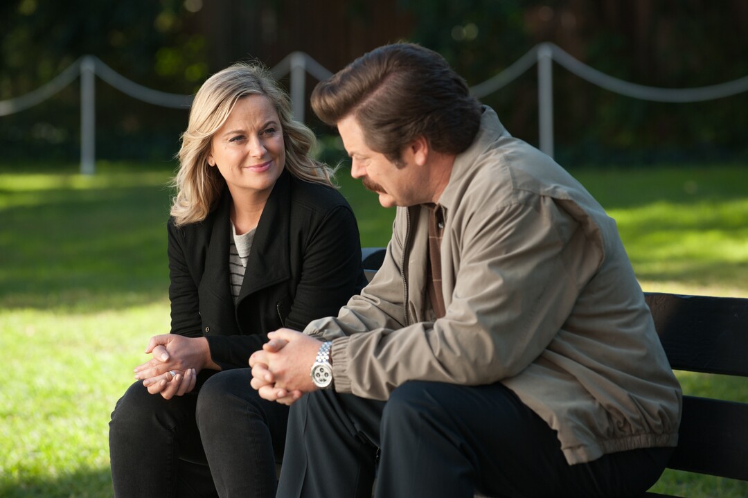 Colleen Hayes  |  NBCAmy Poehler as Leslie Knope and Nick Offerman as Ron Swanson  in the series finale of "Parks and Recreation."