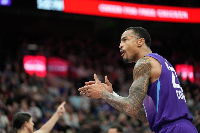 (Francisco Kjolseth  | The Salt Lake Tribune) Utah Jazz forward John Collins (20) tries to get the fans hyped as the Utah Jazz host the Orlando Magic during NBA basketball at the Delta Center in Salt Lake City on Saturday, February. 1, 2025.