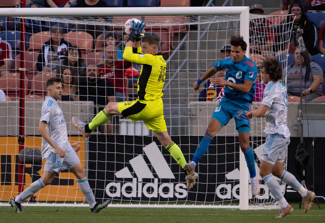 (Francisco Kjolseth | The Salt Lake Tribune) Real Salt Lake goalkeeper Zac MacMath (18) block a shot on goal in MLS action between Real Salt Lake and Minnesota United FC at Rio Tinto Stadium in Sandy, on Saturday, May 29, 2021.
