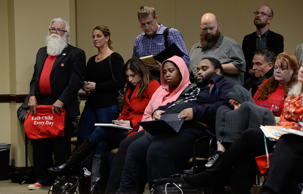 (Francisco Kjolseth | The Salt Lake Tribune) A long line forms to speak to the tax reform task force at the Utah Capitol on Monday, Nov. 25, 2019, as teachers turn out in large numbers to oppose any weakening of guarantee for public education funding.