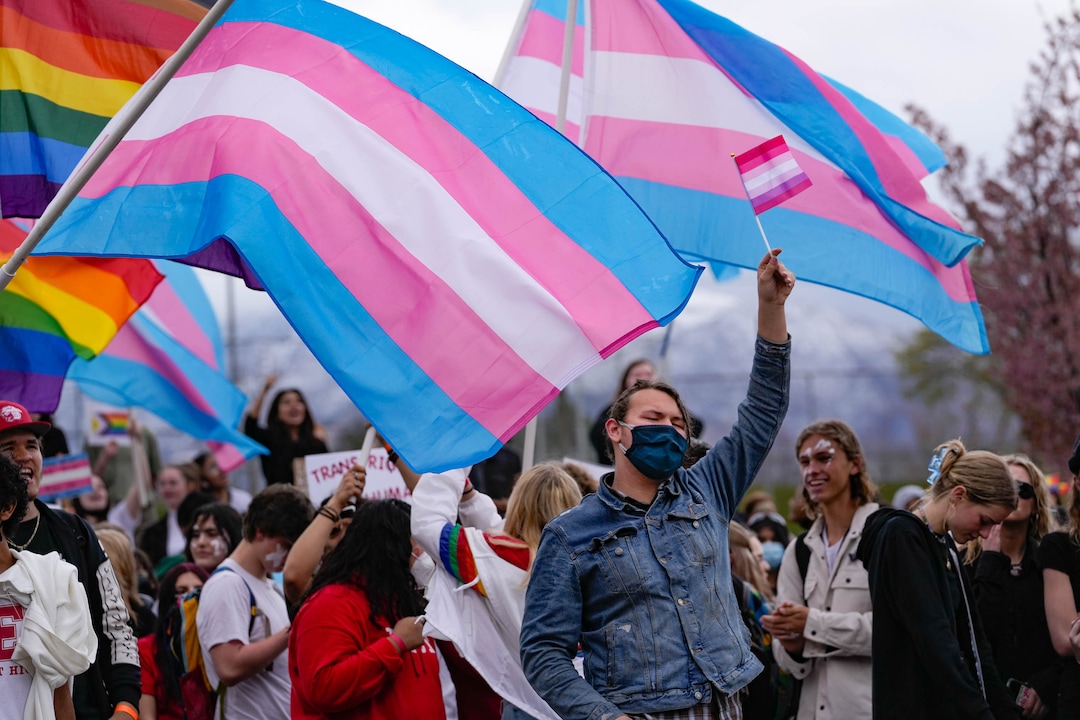 (Francisco Kjolseth | The Salt Lake Tribune) East High school students organize a walkout on Friday, April 15, 2022, to protest HB11, which bans transgender girls from participating in female school sports. In the same spirit of the West High walkout last week, students took a stand to speak out against the bill which they found discriminatory and hurtful to transgender youth in the state.