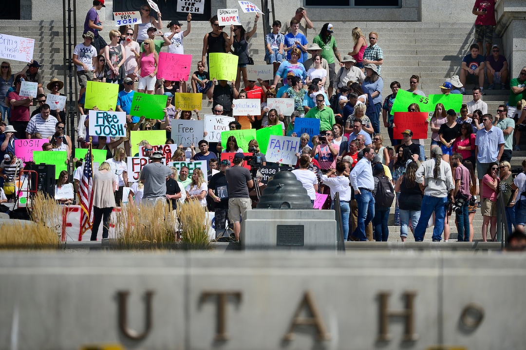 Scott Sommerdorf   |  The Salt Lake Tribune  A rally underway on the east steps of the Utah State Capitol for 24-year-old Josh Holt, who is currently jailed in Venezuela, Saturday, July 30, 2016. Venezuelan authorities claim that Holt was a "trained gunman," though his mother, Laurie Holt, who is organizing the rally, says he was there to marry a woman he met online. 