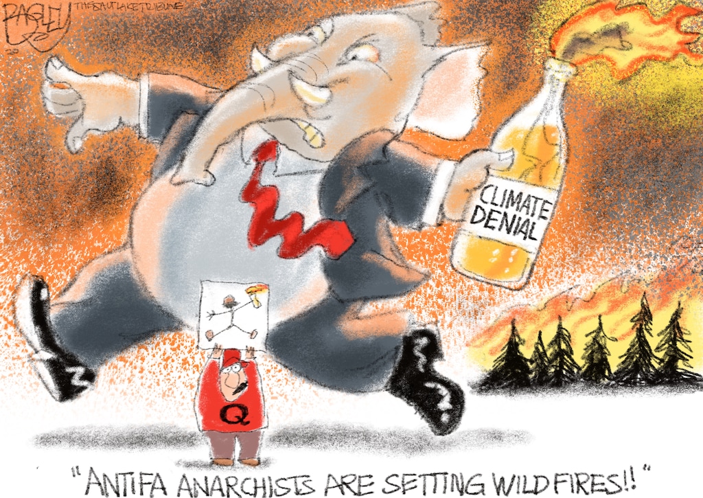 (Pat Bagley | The Salt Lake Tribune) This cartoon, titled "Fire Starter," appears in The Salt Lake Tribune on Sunday, Sept. 13, 2020.