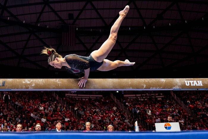 (Trent Nelson  |  The Salt Lake Tribune) Adrienne Randall on the beam as the University of Utah hosts Arizona State, NCAA gymnastics in Salt Lake City on Friday, Jan. 24, 2020.