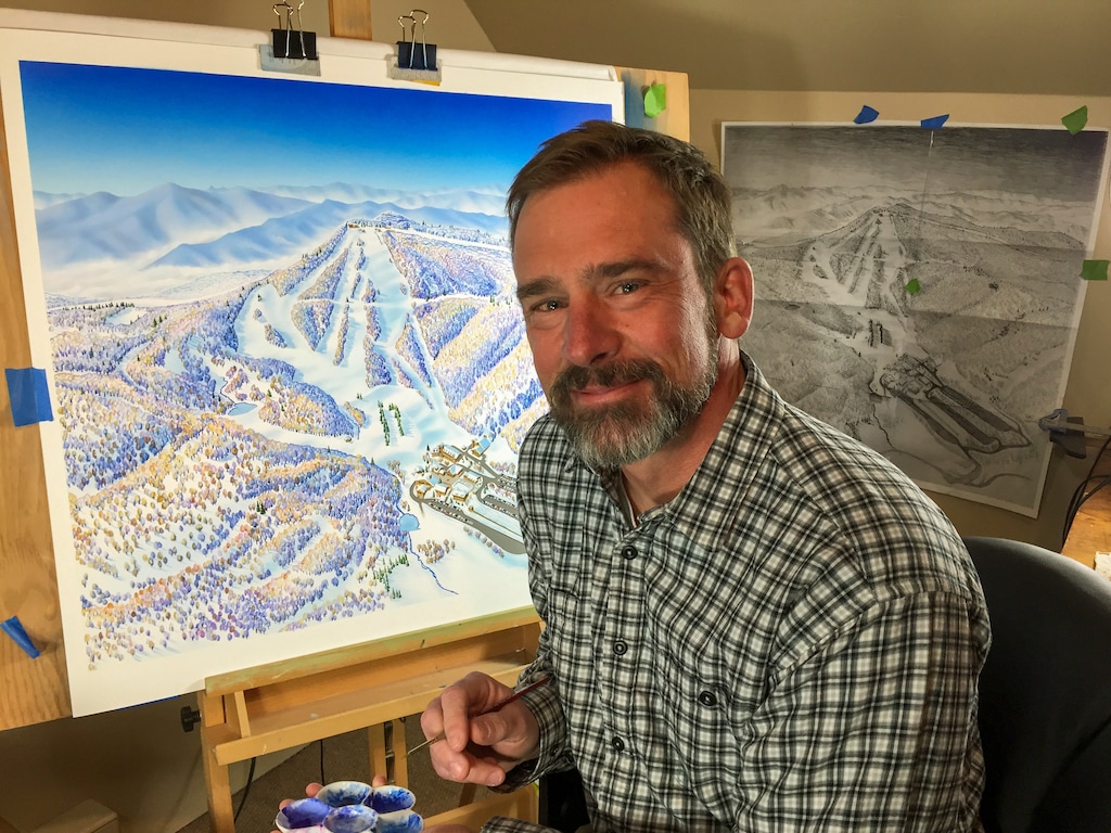 (Rad Smith) Ski map artist Rad Smith, pictured in front of one of his projects in 2022, painted Deer Valley Resort's 2025-26 ski map. 
