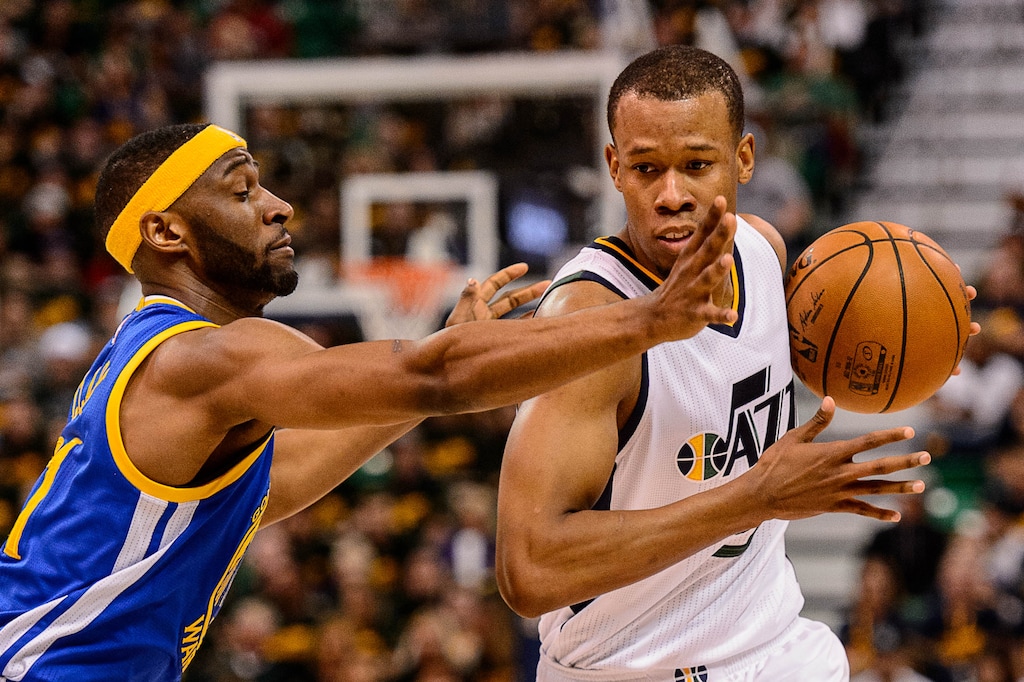 Trent Nelson  |  The Salt Lake TribuneUtah Jazz guard Rodney Hood (5) defended by Golden State Warriors guard Ian Clark (21) as the Utah Jazz host the Golden State Warriors in Game 3 of the second round, NBA playoff basketball in Salt Lake City, Saturday May 6, 2017.