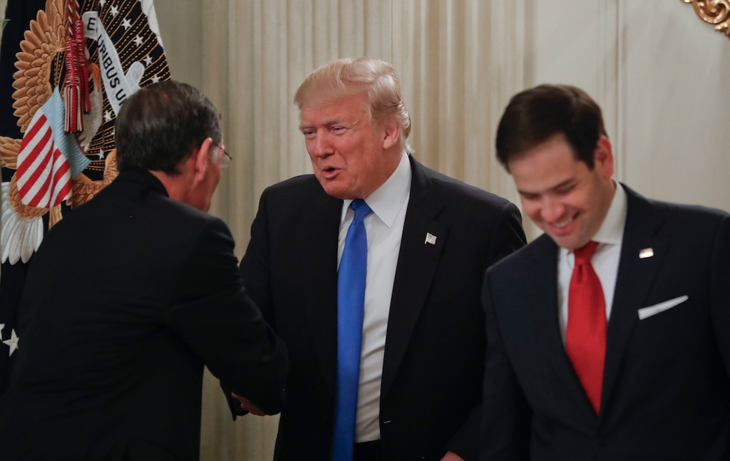 (Pablo Martinez Monsivais | The Associated Press) In this July 19, 2017, file photo, President Donald Trump greets Sen. John Barrasso, R-Wyo., left, and Sen. Marco Rubio, R-Fla. during a luncheon in the State Dinning Room of the White House in Washington. After flaming out in the GOP presidential primary _ and enduring Trump’s taunts along the way _ Rubio is entering his next act in politics. But one thing Rubio isn’t doing, he says, is gearing up for a White House run in 2020. And, he says no other Republicans should primary Trump either, because it could cost the GOP the presidency.