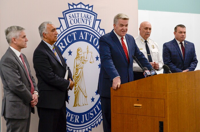 (Leah Hogsten | The Salt Lake Tribune) l-r Utah FBI Special Agent in Charge Paul Haertel, Salt Lake County District Attorney Sim Gill, U.S. Attorney John Huber, Salt Lake City Police Chief Mike Brown and Department of Public Safety Deputy Commissioner Jimmy Higgs held a joint FBI Child Exploitation Task Force press conference Tuesday to warn Utahns of the Òhypersexualized virtual worldÓ and to report the task force findings in the fight to prevent children from being lured by internet predators and raped, kidnapped or murdered, Nov. 19, 2019. The multi-agency representatives reported that the task force netted 30 perpetrators in just four days in one month and called attention to the need for parents to police their children's online presence. "We expect you to step up and protect your children," said Gill.