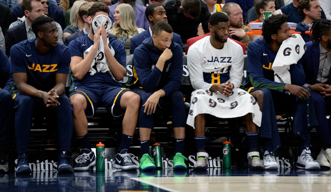 (Leah Hogsten  |  The Salt Lake Tribune) The Jazz bench reacts to play as the Utah Jazz defeated the Golden State Warriors, 114-106, Dec. 13, 2019 at Vivint Arena.