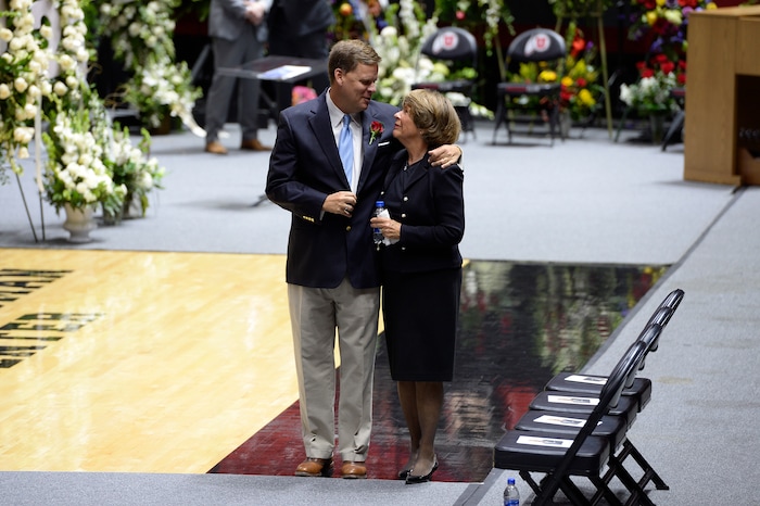 Scott Sommerdorf | The Salt Lake Tribune
Mark Huntsman walks with his mother Karen at the funeral services for Jon M. Huntsman, Sr., Saturday, February, 10, 2018. 
