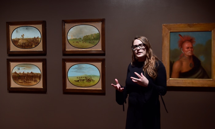 (Scott Sommerdorf | The Salt Lake Tribune)
Leslie Anderson describes a panel of works by artist George Catlin during a preview of the Utah Museum of Fine Art's new special exhibit of the touring show "Go West!" - Art of the American Frontier from the Buffalo Bill Center of the West, Wednesday, November 29, 2017.
The exhibit opens to the public on Sunday, Dec 3.