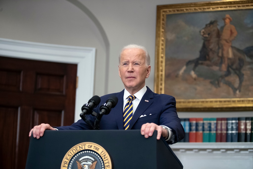 (Tom Brenner | The New York Times) President Joe Biden announces a ban on oil and gas imports from Russia, the latest step in the intensifying sanctions against the country, at the White House on Tuesday, March 8, 2022. Biden warned Americans that the decision would inevitably mean painful, higher prices at the gas pump.