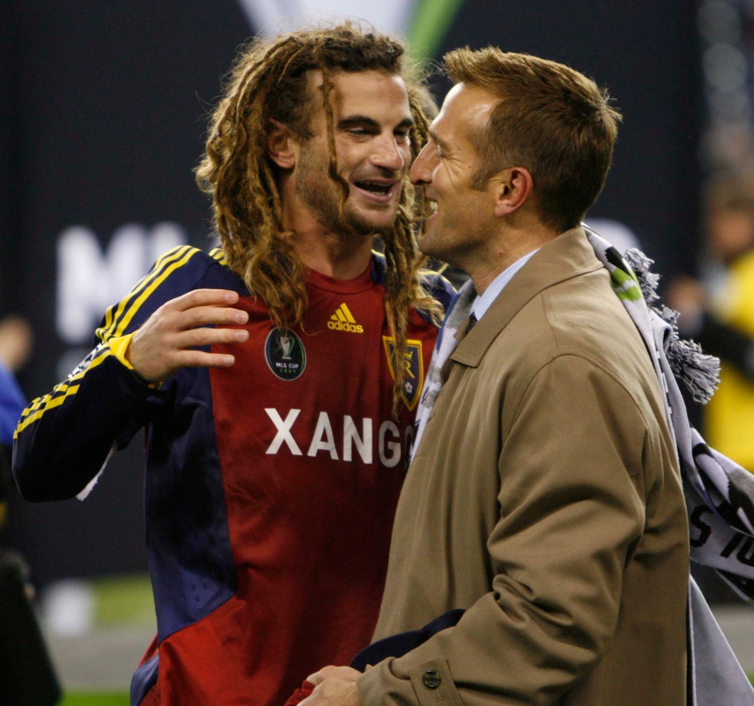 Trent Nelson  |  The Salt Lake TribuneRSL coach Jason Kreis hugs Real Salt Lake midfielder Kyle Beckerman (5) after the win. Real Salt Lake vs. LA Galaxy, MLS Cup Sunday, November 22 2009 at Qwest Field in Seattle.