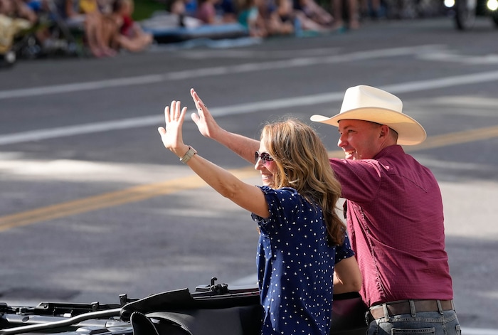 (Francisco Kjolseth | The Salt Lake Tribune) Utah Gov. Spencer Cox is joined by his wife Abby as they participate in the Days of ’47 Parade in Salt Lake City on Saturday, July 23, 2022.