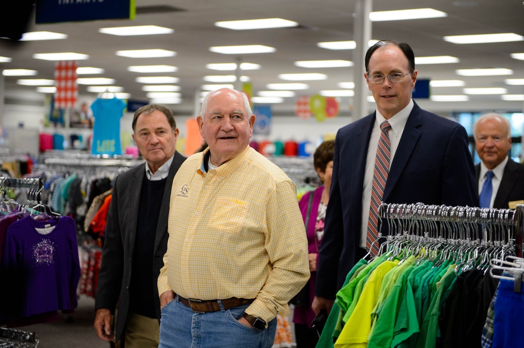 (Trent Nelson  |  The Salt Lake Tribune)  Agriculture Secretary Sonny Perdue on a tour of Welfare Square in Salt Lake City on Wednesday May 22, 2019. From left, Gov. Gary Herbert, Perdue, Bishop W. Christopher Waddell, and Elder Kent F. Richards.