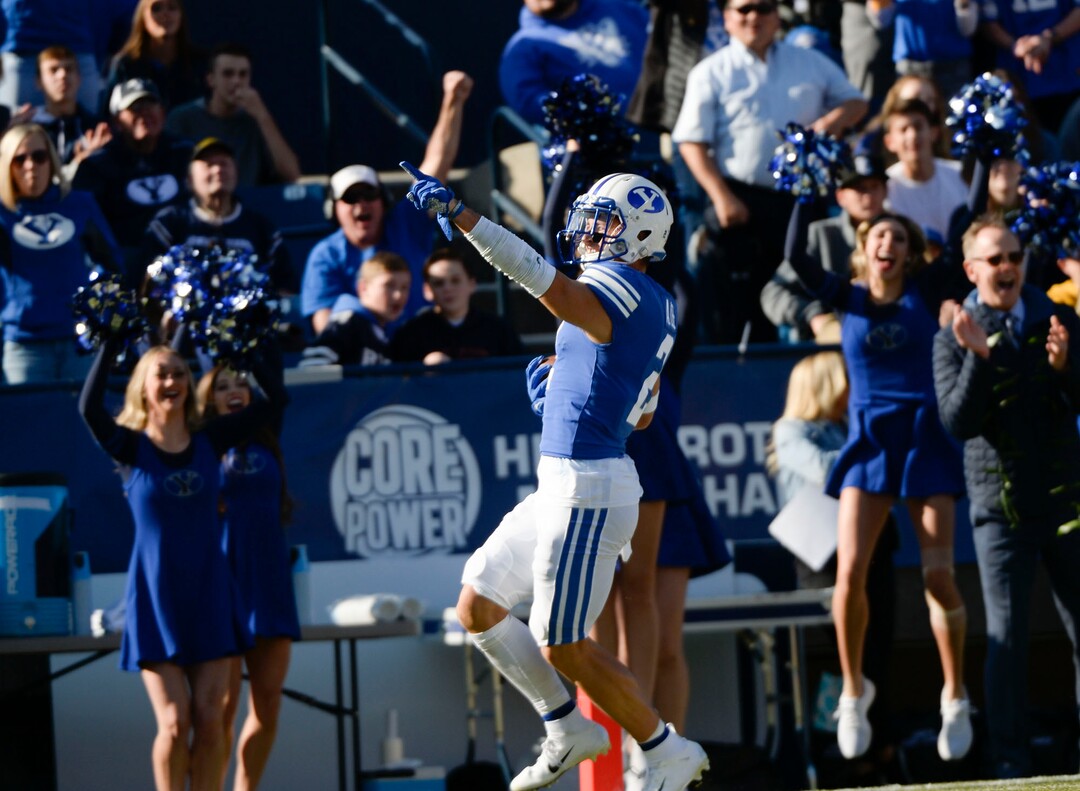 (Leah Hogsten  |  The Salt Lake Tribune) Brigham Young Cougars defensive back Austin Lee (2)celebrates his 26 yard interception return as Brigham Young University takes on Idaho State, Saturday, Nov. 16, 2019 at LaVell Edwards Stadium.
