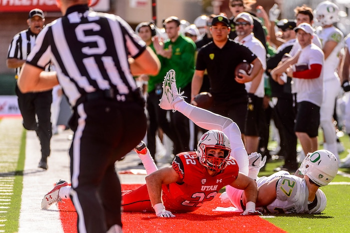 Trent Nelson  |  The Salt Lake Tribune
Utah Utes defensive back Chase Hansen (22) looks for the call as he knocks Oregon Ducks tight end Jacob Breeland (27) out of bounds as Utah hosts Oregon, NCAA football at Rice-Eccles Stadium in Salt Lake City, Saturday November 19, 2016.