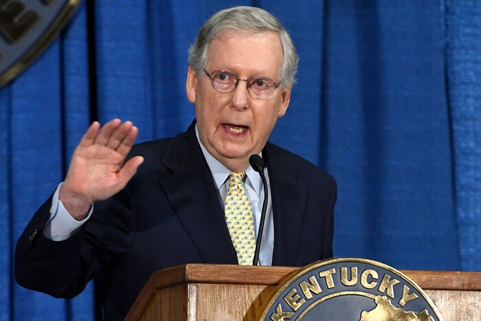 Senate Majority Leader Mitch McConnell of Ky. speaks during the Kentucky Farm Bureau Country Ham Breakfast, Thursday, Aug. 24, 2017, in Louisville, Ky.  President Donald Trump lashed out at Republican leaders in Congress, suggesting efforts to increase the country's borrowing limit to avoid an economic-rattling default on the nation's debt are "a mess!" (AP Photo/Timothy D. Easley)