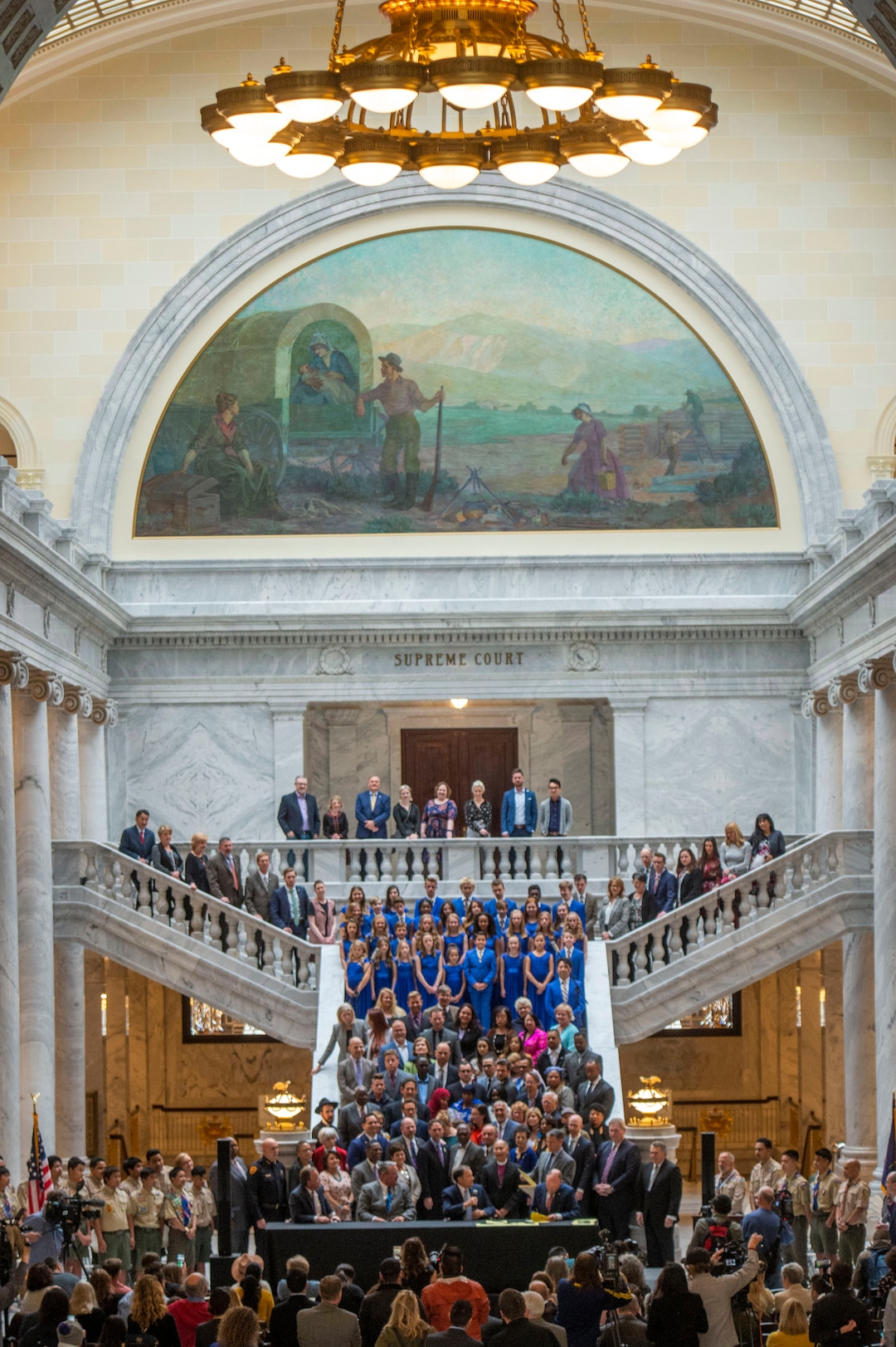 (Rick Egan  |  The Salt Lake Tribune)  Surrounded by supporters, Gov. Gary R. Herbert signs into law the new hate crimes bill along with Senate President Stuart Adams, Sen. Daniel Thatcher, Rep. Lee Perry and Lt Gov. Spencer Cox, at the Utah State Capitol, Tuesday, April 2, 2019.