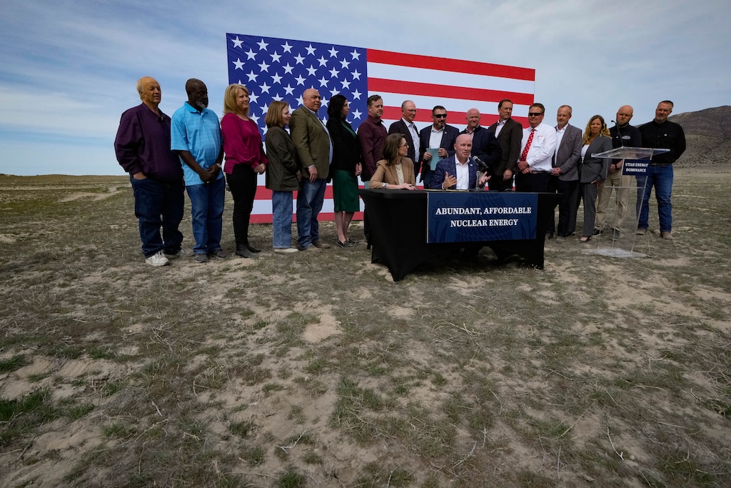(Francisco Kjolseth | The Salt Lake Tribune) Lt. Gov. Deidre Henderson and Gov. Spencer Cox are joined by other state state leaders in north central Tooele County to announce plans to advance nuclear energy development in the county, on Friday, March 27, 2026.