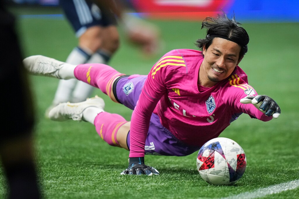Vancouver goalkeeper Yohei Takaoka, shown in a 2023 photo, earned the shutout as the host Whitecaps beat Real Salt Lake on Saturday. (Darryl Dyck/The Canadian Press via AP)