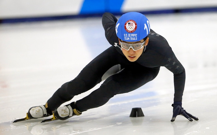 Thomas Insuk Hong (104) competes in the men's 500-meter during the U.S. Olympic short track speedskating trials Saturday, Dec. 16, 2017, in Kearns, Utah. (AP Photo/Rick Bowmer)