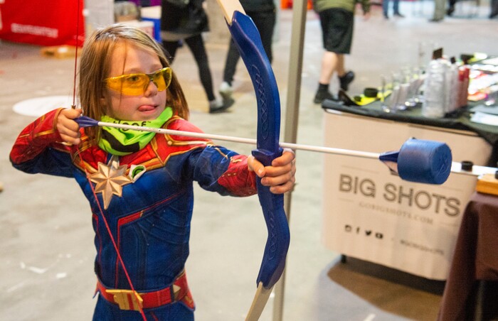 (Rick Egan | The Salt Lake Tribune)
Maddie Schulz, 7 shoots an arrow at the S.A.F.E. Archery booth at the “Rendezvous” Mountain Culture Festival at the Gateway, Saturday, Sept. 28, 2019.