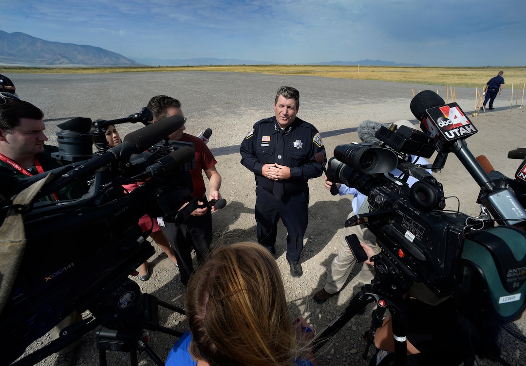 (Scott Sommerdorf   |  The Salt Lake Tribune)   Rollin Cook, Exec. Director of Utah's Department of Corrections, speaks to the media after the groundbreaking ceremony at the site of the new prison, Wednesday, August 16, 2017.
