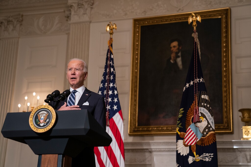 (Evan Vucci | AP photo)

President Joe Biden delivers remarks on climate change and green jobs, in the State Dining Room of the White House, Wednesday, Jan. 27, 2021, in Washington.