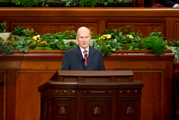 (Jeremy Harmon  |  The Salt Lake Tribune)  President Russell M. Nelson speaks at the beginning of the Sunday morning session of General Conference on April 1, 2018.