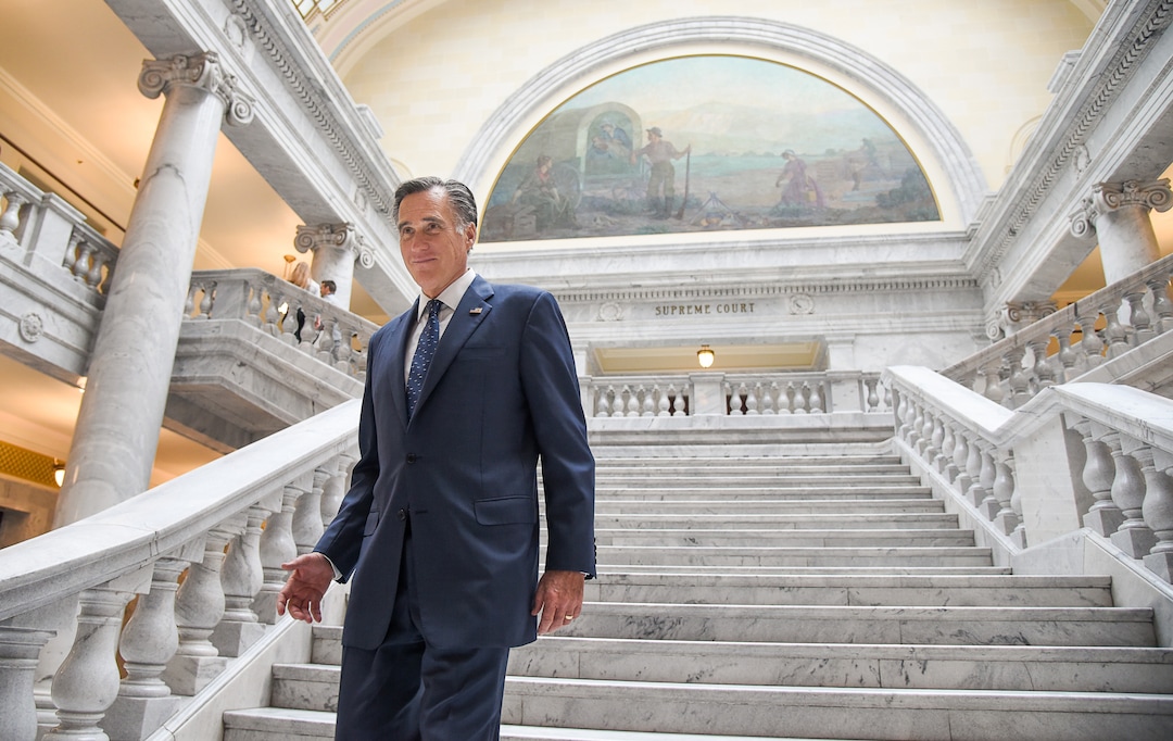 (Francisco Kjolseth  |  The Salt Lake Tribune)  Sen. Mitt Romney wraps up a series of meetings with state lawmakers at the Utah Capitol on Thursday, Feb. 21, 2019.