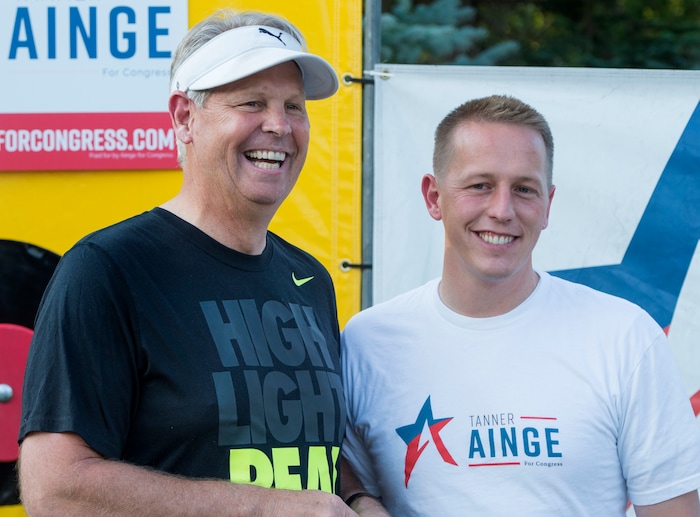 (Rick Egan  |  The Salt Lake Tribune)  Danny Ainge with his son Tanner Ainge, who is running for congress, in Utah’s third district, at a fundraiser in Provo, Monday, August 7, 2017.