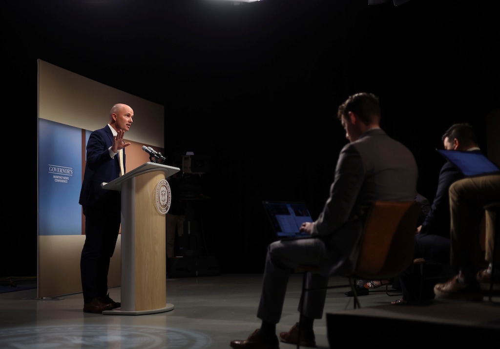 (Laura Seitz | Pool) Gov. Spencer Cox speaks at the PBS Utah Governor's Monthly News Conference at the Eccles Broadcast Center in Salt Lake City on Thursday, Oct. 19, 2023. Cox ripped city leaders for not doing more to address Utah's housing crisis.