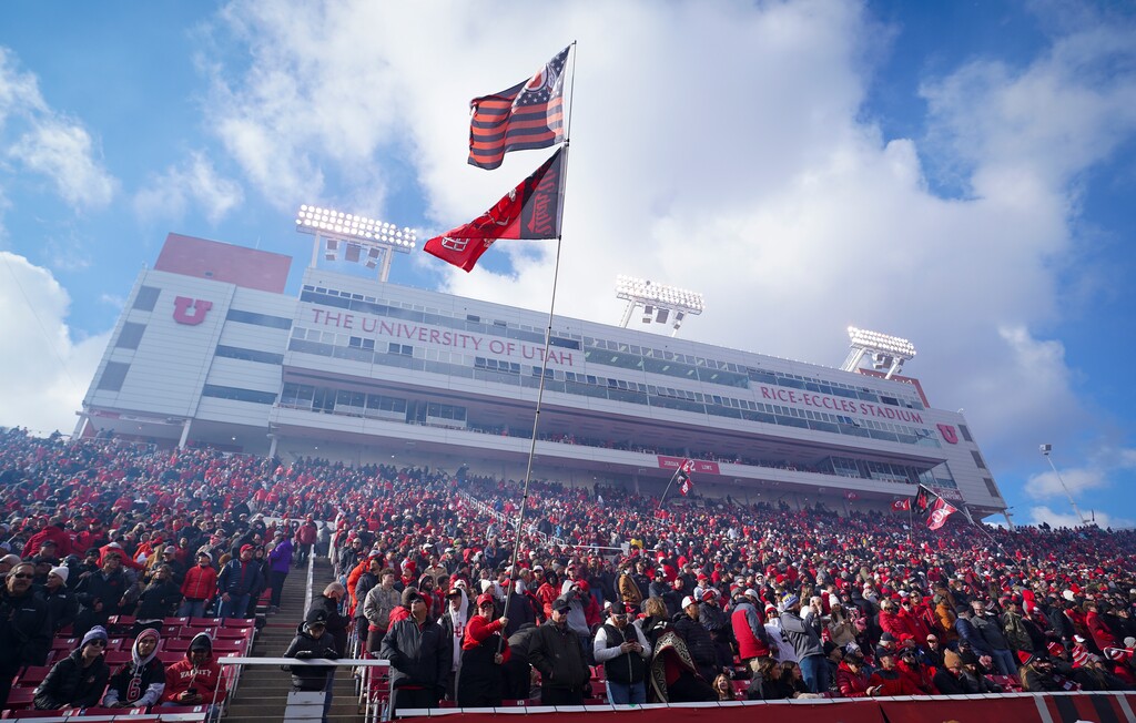 (Bethany Baker  |  The Salt Lake Tribune) Utah Utes fans cheer ahead of the game against the Colorado Buffaloes at Rice-Eccles Stadium in Salt Lake City on Saturday, Nov. 25, 2023.