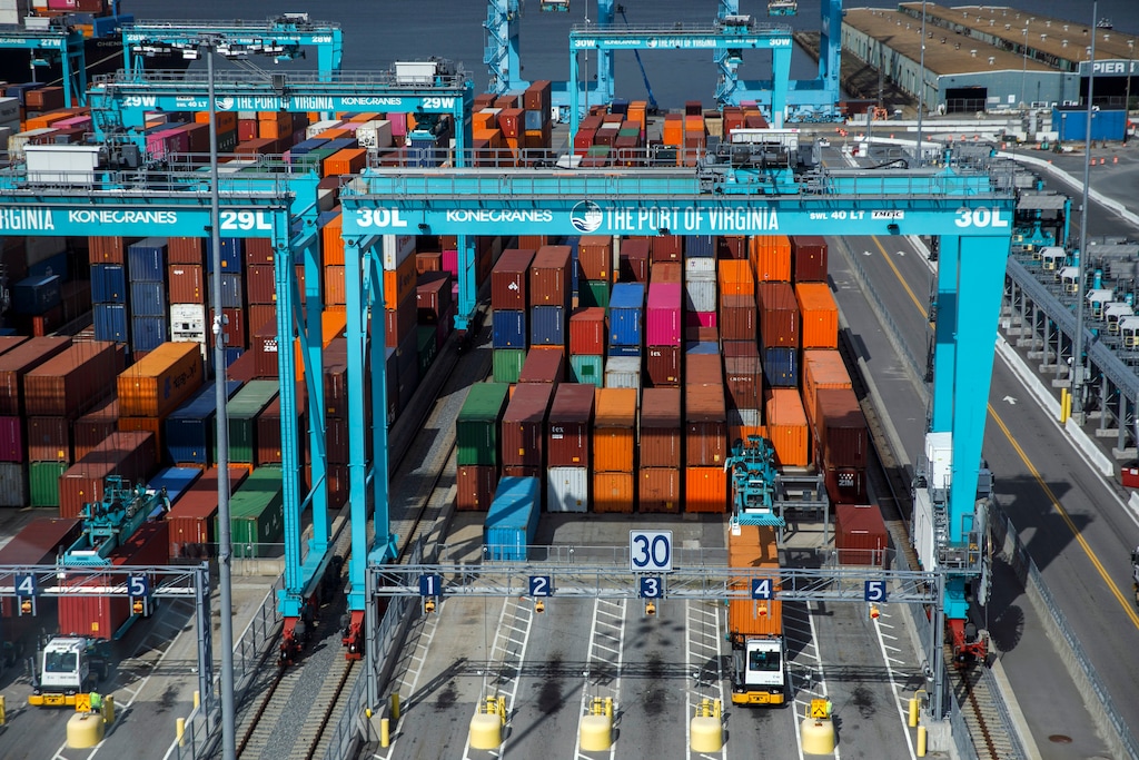 (Kristen Zeis | The New York Times) Shipping containers at the Port of Virginia in Norfolk on Aug. 13, 2024. Some 45,000 dockworkers along the East and Gulf Coasts went on strike early Tuesday and some critical imports to Utah could be delayed. 