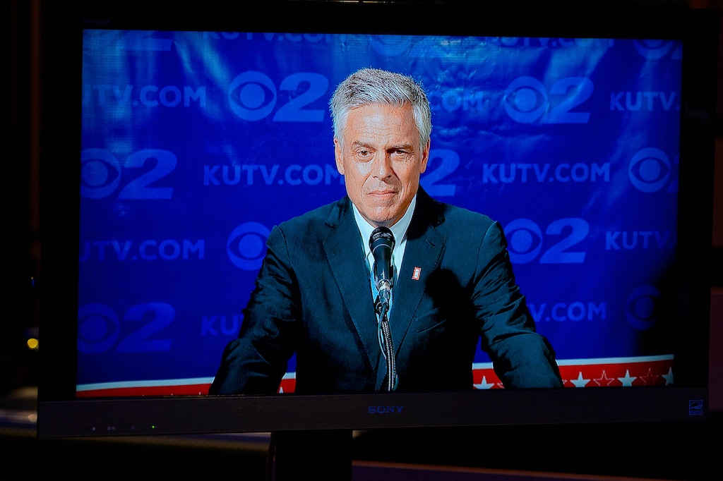 (Trent Nelson | Tribune file photo) Former Gov. Jon Huntsman appears on a screen participating in a Utah gubernatorial Republican primary debate with former Utah GOP Chairman Thomas Wright, Lt. Gov. Spencer Cox, and former House Speaker Greg Hughes, in Salt Lake City, June 16, 2020.