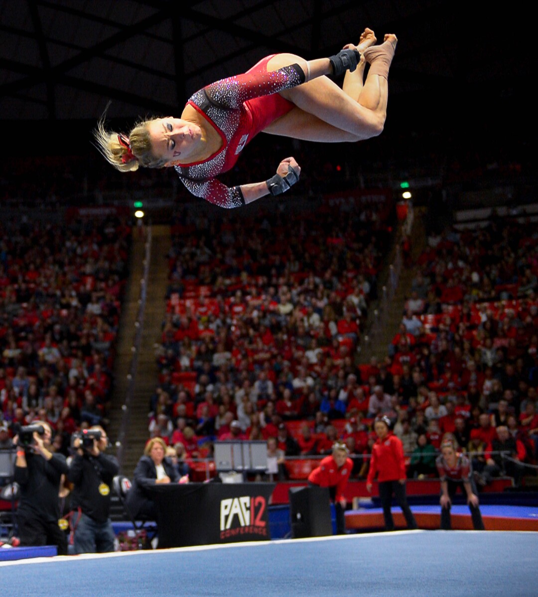 Trent Nelson  |  The Salt Lake TribuneTiffani Lewis performs her floor routine as the University of Utah hosts Michigan, NCAA gymnastics at the Huntsman Center in Salt Lake City, Saturday January 7, 2017.