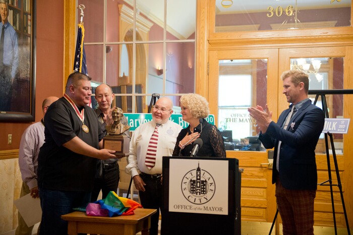 (Rachel Molenda | The Salt Lake Tribune)
Salt Lake City Mayor Jackie Biskupski, second from right, unveils a bust of gay rights activist Harvey Milk after she was given the Harvey Milk Civil Rights Award by the International Imperial Court at the Salt Lake City-County Building in Salt Lake City, Utah, on Friday, May 25, 2018.