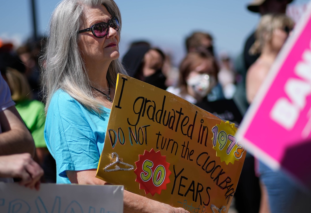 (Francisco Kjolseth | The Salt Lake Tribune) Maggie Arnold joins protesters at the Utah Capitol for a “Bans Off Our Beehive” rally in support of abortion rights on Saturday, May 14, 2022.